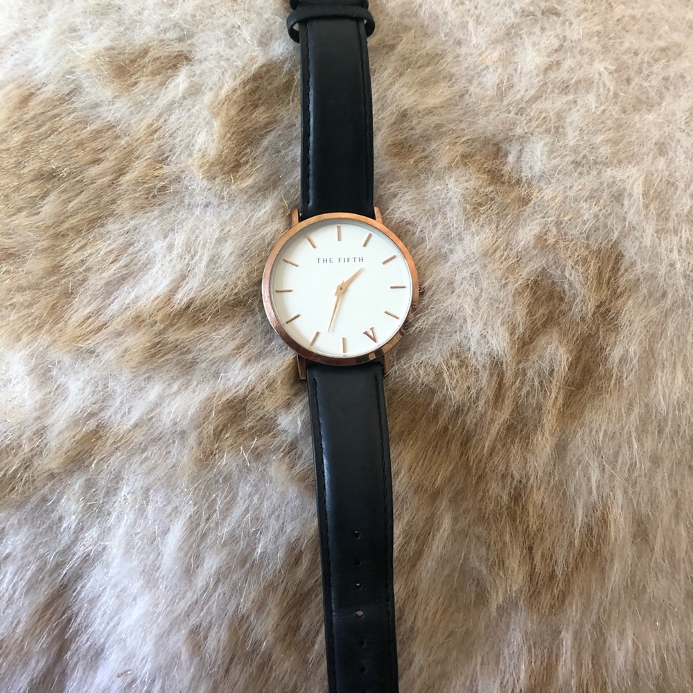 THE FIFTH ROSE GOLD AND BLACK LEATHER WATCH